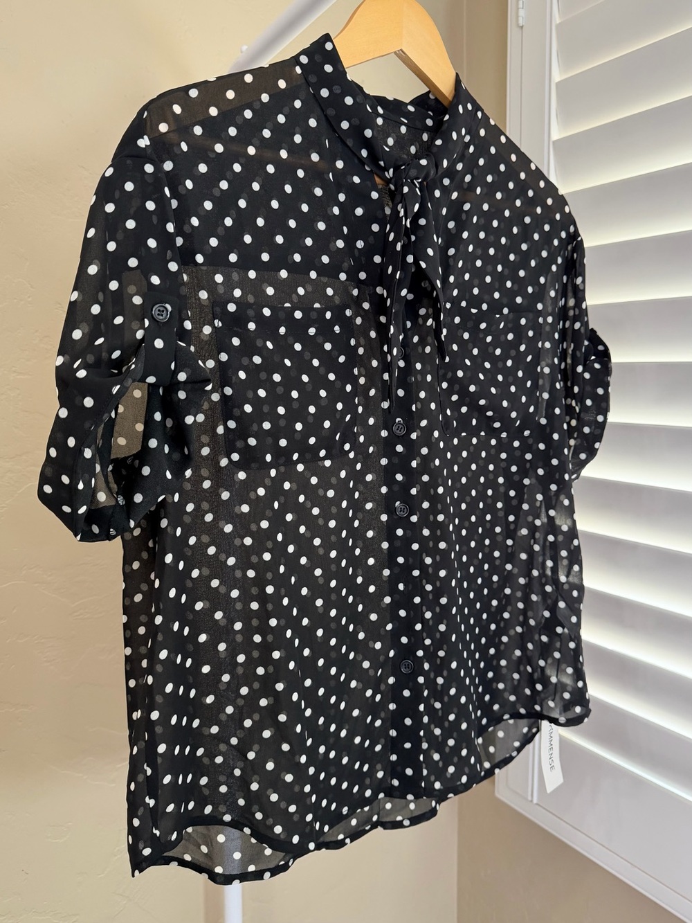 Commense Set Black White Polka Dot Sheer Shirt  Blouse Mini Skirt Small NWT - Picture 7 of 13